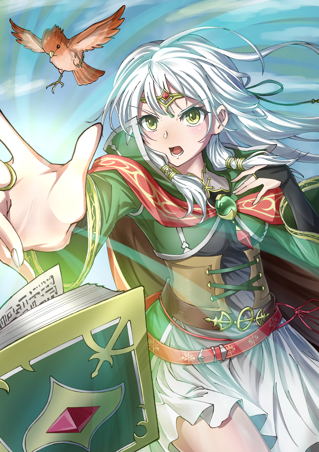 1girl, bird, black_bridal_gauntlets, book, bridal_gauntlets, cape, circlet, cloak