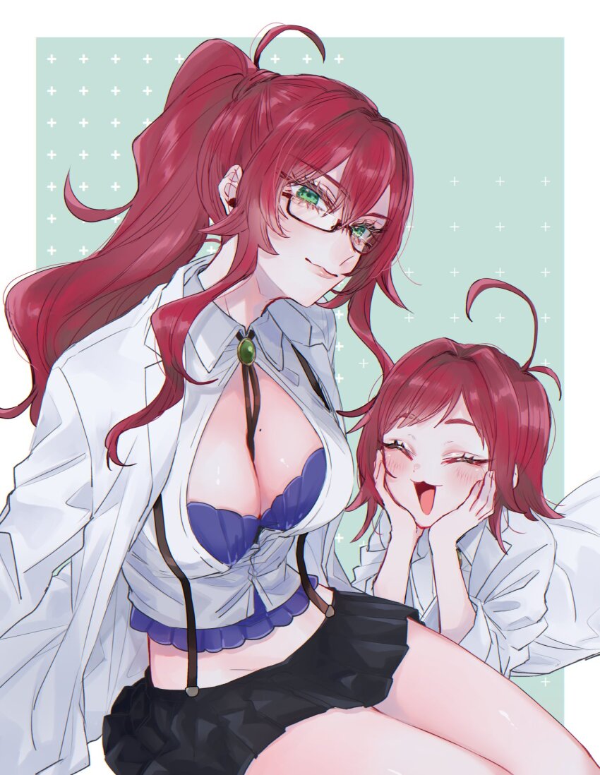 2girls, :3, ahoge, between_breasts, bolo_tie, border, bra, breasts, dual_persona, green_eyes, hands_on_own_cheeks, hands_on_own_face, high_ponytail, highres, kimi_no_koto_ga_dai_dai_dai_dai_daisuki_na_100-nin_no_kanojo, lab_coat, light_blush, light_smile, miniskirt, mole, mole_on_breast, multiple_girls, open_clothes, open_shirt, ponytail, purple_bra, qu_qu71, red_hair, sitting, skirt, suspender_skirt, suspenders, underwear, white_border, yakuzen_kusuri, yakuzen_kusuri_(older)