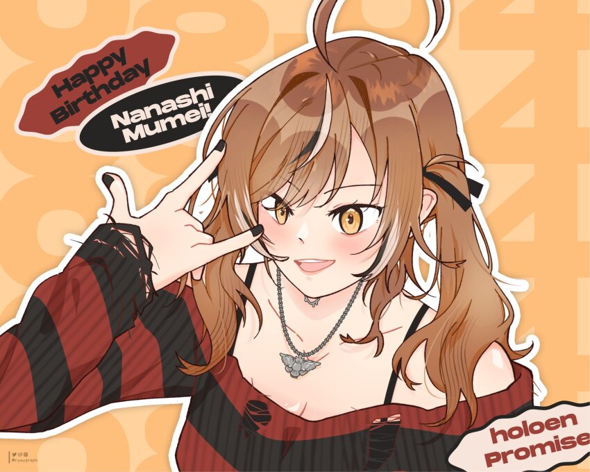 1girl, \m/, ahoge, black_ribbon, black_sweater, chain, chain_necklace, emo_fashion