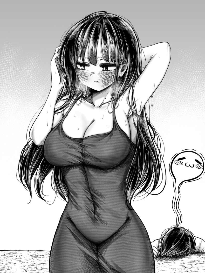 1boy, 1girl, ao_tanuki, armpits, arms_up, blush, boku_no_kokoro_no_yabai_yatsu, breasts, cleavage, collarbone, covered_navel, cowboy_shot, giving_up_the_ghost, hetero, highres, ichikawa_kyoutarou, large_breasts, lingerie, long_hair, lying, mole, mole_on_neck, multiple_moles, negligee, on_stomach, short_hair, underwear, yamada_anna