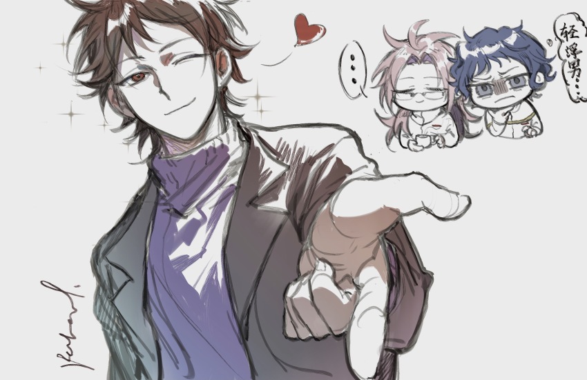 ..., 3boys, ;), black_jacket, blue_hair, brown_hair, chinese_commentary, chinese_text