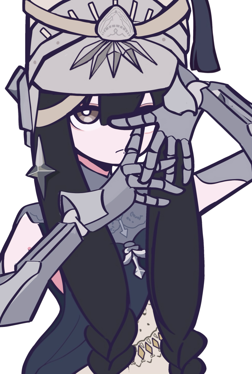 1girl, absurdres, black_hair, black_shirt, brown_eyes, grey_hat, hair_between_eyes, hat