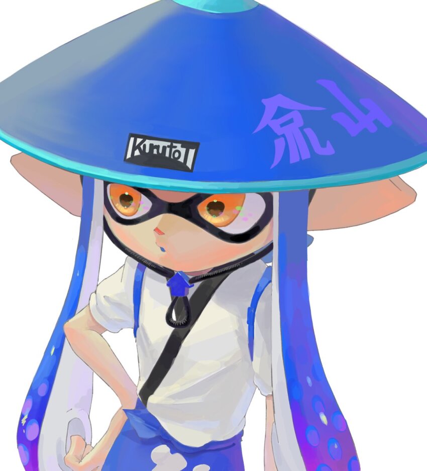 1other, armor, blue_hair, blue_skirt, chinstrap, close-up, contrapposto, cowboy_shot