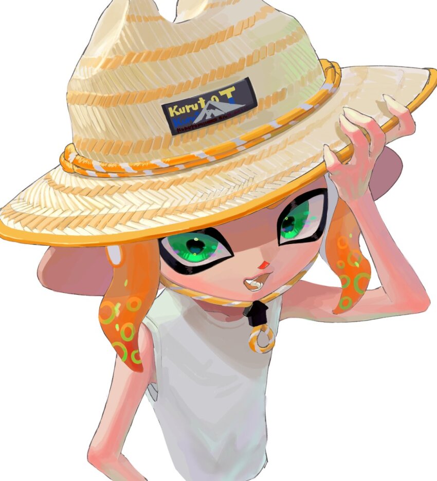 1boy, :3, :d, adjusting_clothes, adjusting_headwear, androgynous, arm_at_side, chinstrap