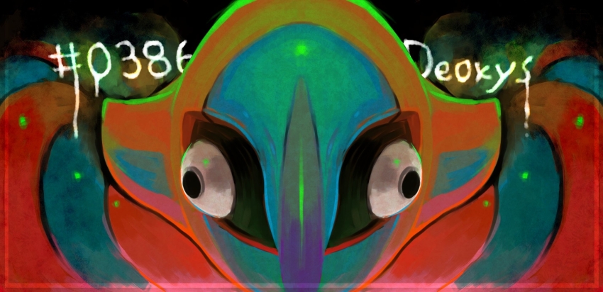 black_sclera, bulging_eyes, character_name, close-up, colored_sclera, deoxys, deoxys_(normal), fisheye, gen_3_pokemon, green_light, highres, mythical_pokemon, nintendo, no_humans, pokedex_number, pokemon, pokemon_(creature), pokemon_focus, shiryu0308, solo, white_eyes, wide_shot