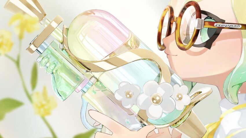 1girl, blonde_hair, closed_mouth, collared_shirt, commentary, english_commentary, eyelashes, flower