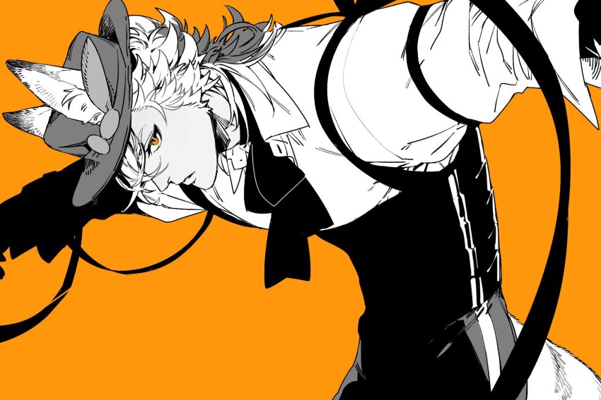 1boy, animal_ears, commentary_request, corset, ears_through_headwear, hand_up, hat, jack_howl