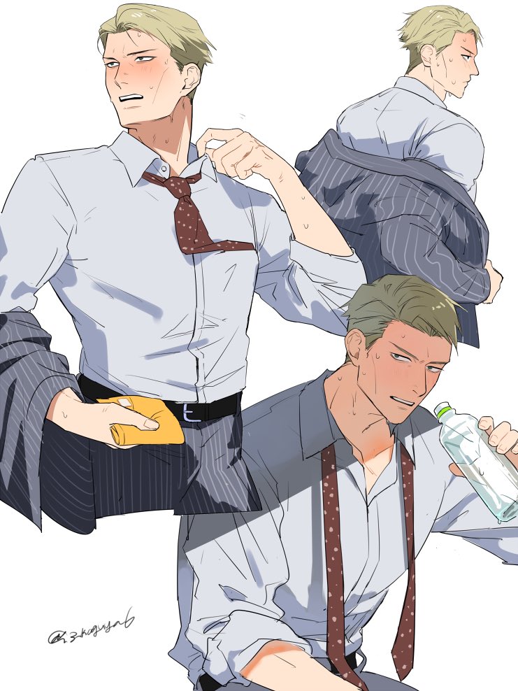 1boy, belt, black_belt, black_pants, black_suit, blonde_hair, blush, bottle