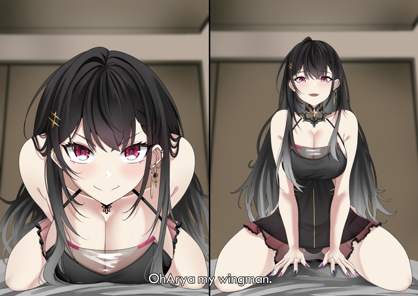 1girl, absurdres, black_hair, breasts, cleavage, colored_sclera, commission, commissioner_upload, dress, ear_chain, gold, good_morning_my_brother_(meme), gradient_hair, grey_hair, highres, jewelry, kuroha_arya, large_breasts, leaning_forward, linked_piercing, long_hair, multicolored_hair, multicolored_nails, multicolored_shirt, nail_art, nail_polish, no, non-web_source, raikkonen, see-through_cleavage, see-through_clothes, see-through_dress, see-through_dress_layer, short_dress, sideless_dress, sleeveless, sleeveless_dress, smile, tokidoki_bosotto_roshia-go_de_dereru_tonari_no_alya-san, virtual_youtuber, vspo!, vspo!_en