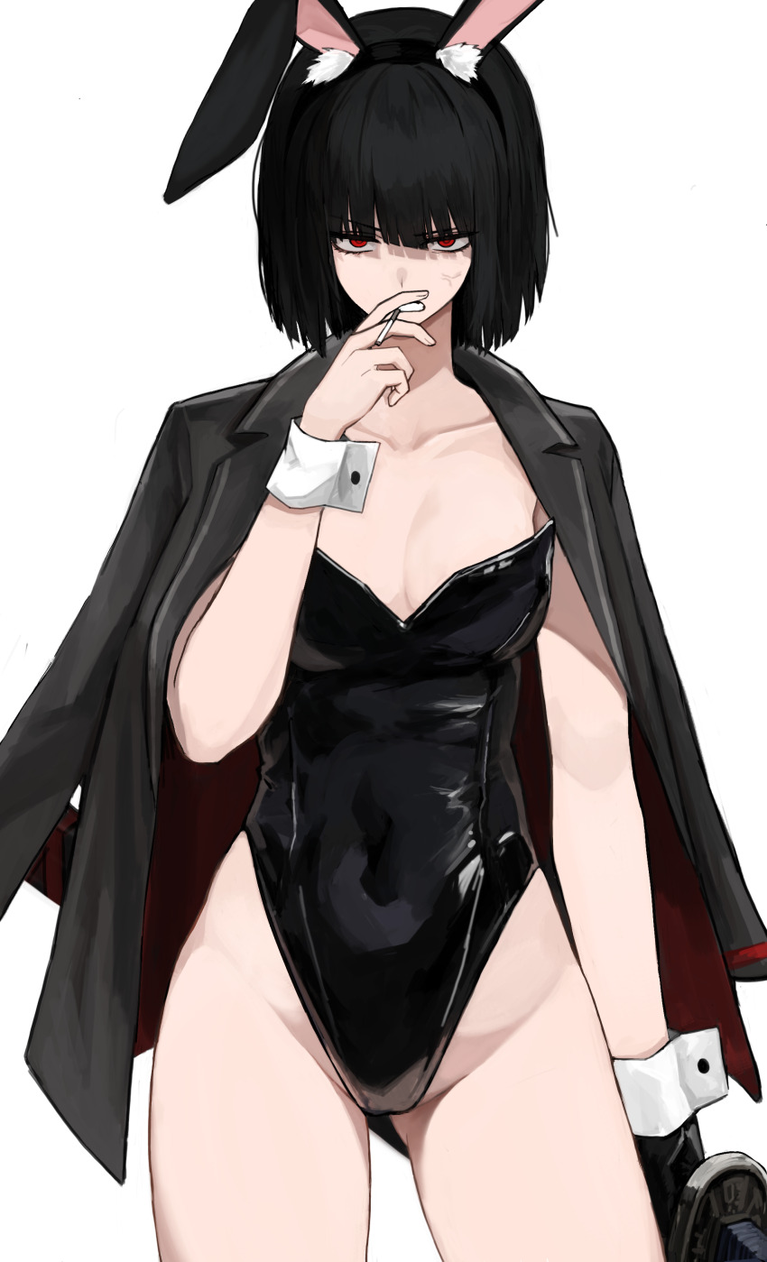 1girl, absurdres, alternate_costume, animal_ears, badnick69_(camchi), black_leotard, cigarette, fake_animal_ears, highres, leotard, limbus_company, playboy_bunny, project_moon, rabbit_ears, red_eyes, ryoshu_(project_moon), simple_background, smoking, solo, strapless, strapless_leotard, white_background, wrist_cuffs