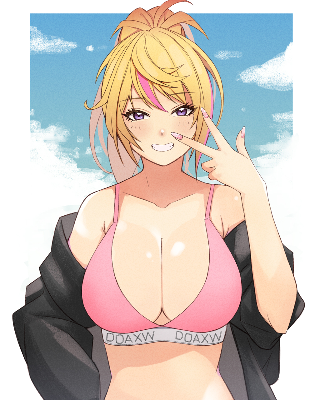 1girl, black_jacket, blonde_hair, blush, breasts, cleavage, cloud, collarbone, dead_or_alive, dead_or_alive_xtreme, dead_or_alive_xtreme_venus_vacation, grin, highres, jacket, konishiki_(52siki), large_breasts, long_hair, looking_at_viewer, multicolored_hair, off-shoulder_jacket, off_shoulder, open_clothes, open_jacket, pink_hair, pink_nails, pink_sports_bra, ponytail, purple_eyes, sky, smile, sports_bra, streaked_hair, teeth, upper_body, w, yukino_(doa)