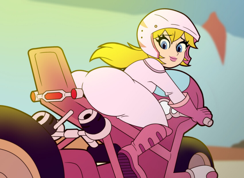 1girl, ass, bare_shoulders, biker_clothes, biker_peach, bikesuit, blonde_hair, blue_eyes, blue_sky, bodysuit, from_behind, legs, lips, looking_at_viewer, looking_back, mario_(series), motor_vehicle, motorcycle, nintendo, pink_bodysuit, ponytail, princess_peach, racing_suit, sky, smile, solo, sunlight, the_super_mario_bros._movie, thick_thighs, thighs, tonyneely