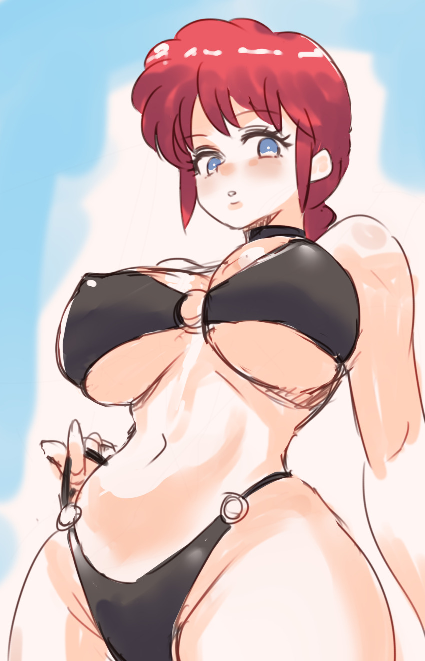 1girl, bikini, black_bikini, blue_eyes, blush, braid, breasts, curvy