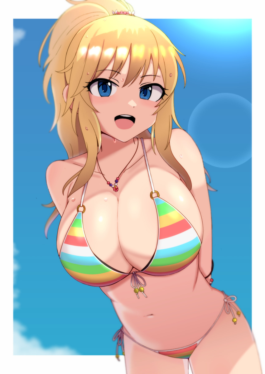 1girl, absurdres, bikini, blonde_hair, blue_eyes, breasts, cleavage, collarbone