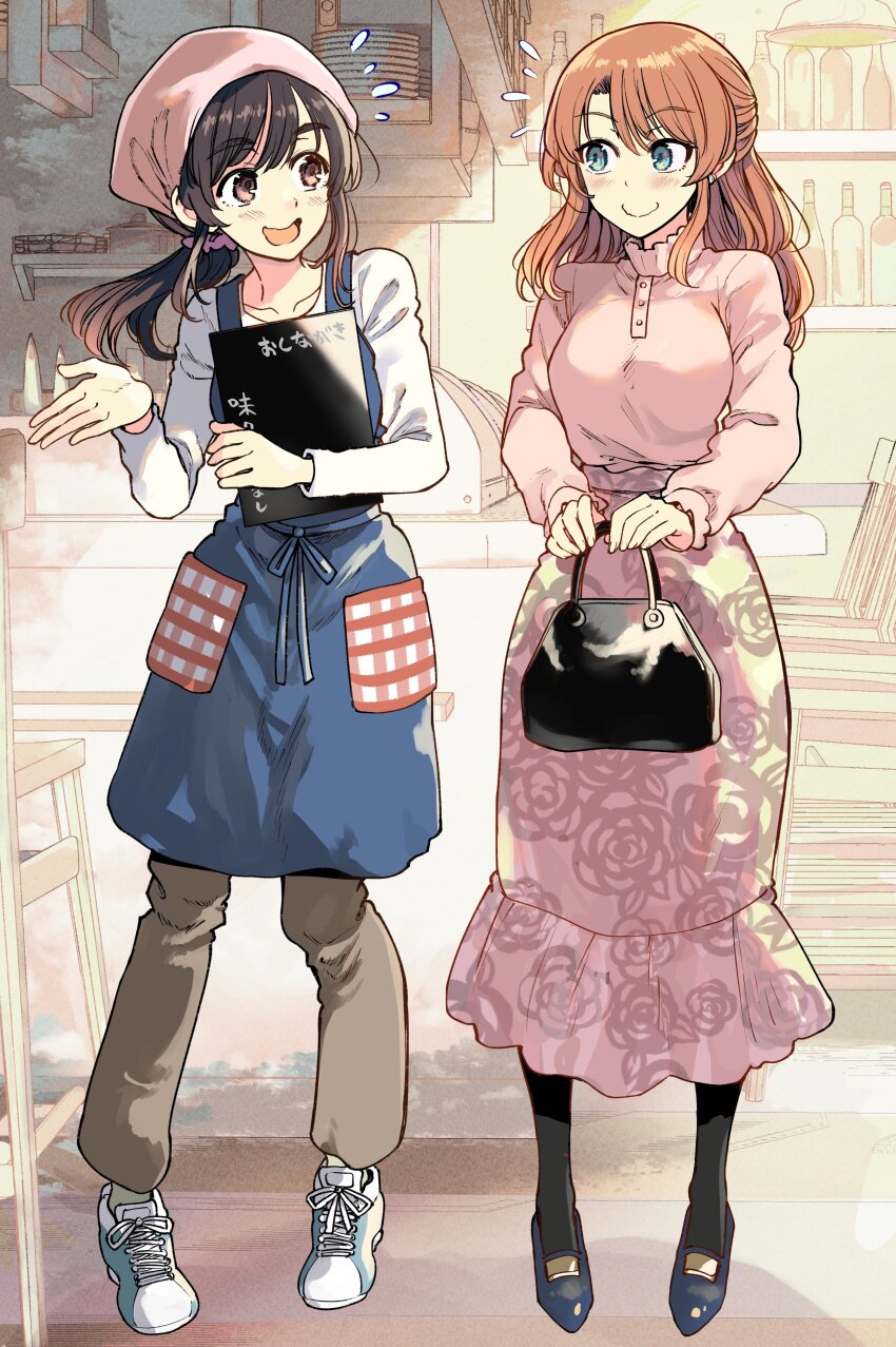 2girls, absurdres, apron, aqua_eyes, bag, beckoning, black_bag, black_socks