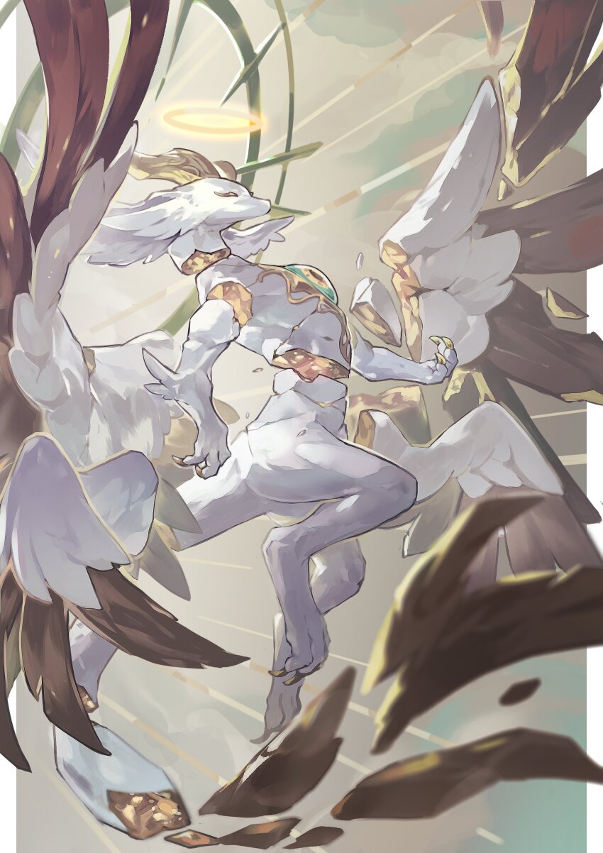 1other, absurdres, androgynous, broken_wing, claws, closed_eyes, cracked_skin, dragon