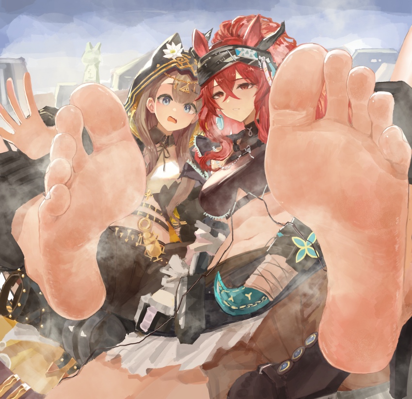 2girls, absurdres, animal_ears, arknights, barefoot, blue_eyes, feet, highres, long_hair, looking_at_viewer, multiple_girls, narantuya_(arknights), open_mouth, parted_lips, pepe_(arknights), red_eyes, red_hair, soles, steam, tiansuo_haoer, toes