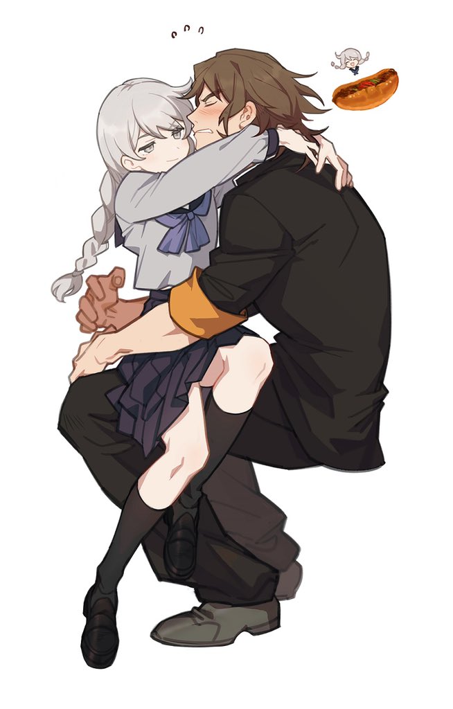 >:), 2boys, annoyed, black_jacket, blush, braid, brown_hair, couple