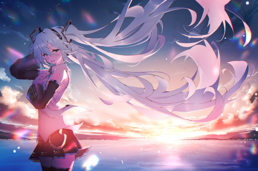 1girl, absurdres, ascot, black_boots, black_skirt, black_sleeves, blue_eyes, blue_hair