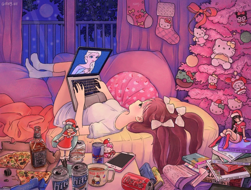 1girl, absurdly_detailed_composition, anna_(frozen), bed, book, book_stack, bottle, bow, brown_hair, cameo, can, coca-cola, computer, cup, curtains, elsa_(frozen), food, frozen_(disney), hair_bow, hatsune_miku, hello_kitty, hello_kitty_(character), highres, indoors, kuromi, laptop, loaded_interior, long_hair, lying, mimmy_(hello_kitty), my_melody, my_melody_(series), on_back, original, otaku, otaku_room, phone, pizza, pizza_slice, product_placement, profile, red_ribbon, ribbon, ring_411, sanrio, shirt, short_sleeves, socks, solo, vocaloid, white_bow, white_shirt, white_socks, window