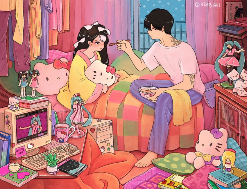 1boy, 1girl, absurdly_detailed_composition, bangs_pinned_back, bed, black_hair, blanket, blue_pants, blush, book, book_stack, bow, bowl, cameo, cold_pack, computer, computer_keyboard, couple, cup, dear_daniel, eating, feeding, fever, figure, hair_bow, hatsune_miku, hello_kitty, hello_kitty_(character), highres, indoors, koiiro_byoutou_(vocaloid), laundry, loaded_interior, long_hair, long_sleeves, monitor, original, otaku, otaku_room, otaple, pants, profile, ring_411, sanrio, shirt, short_hair, short_sleeves, sitting, snow, snowing, sticker, vocaloid, white_bow, white_shirt, window, youtube