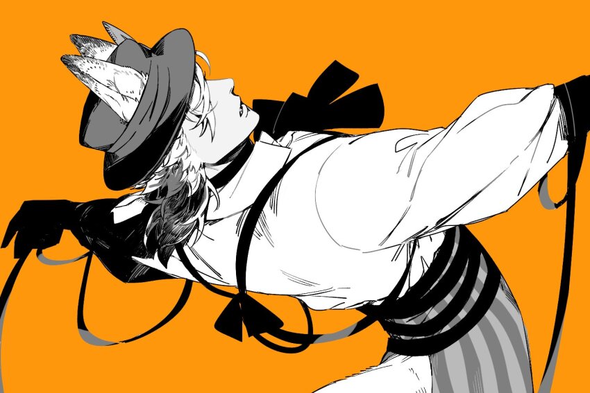 1boy, animal_ears, commentary_request, cowboy_shot, ears_through_headwear, greyscale_with_colored_background, jack_howl, jack_howl_(playful_attire), long_hair, male_focus, orange_background, ribbon, shi646, shirt, simple_background, solo, tail, twisted_wonderland, wolf_boy, wolf_ears, wolf_tail
