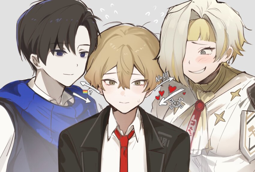 1girl, 2boys, 70miho, ?, ascot, bisexual_male, black_eyes, black_hair