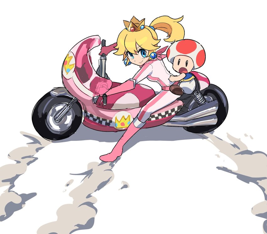 akira_(manga), akira_slide, biker_peach, black_eyes, blonde_hair, blue_eyes, boots, closed_mouth