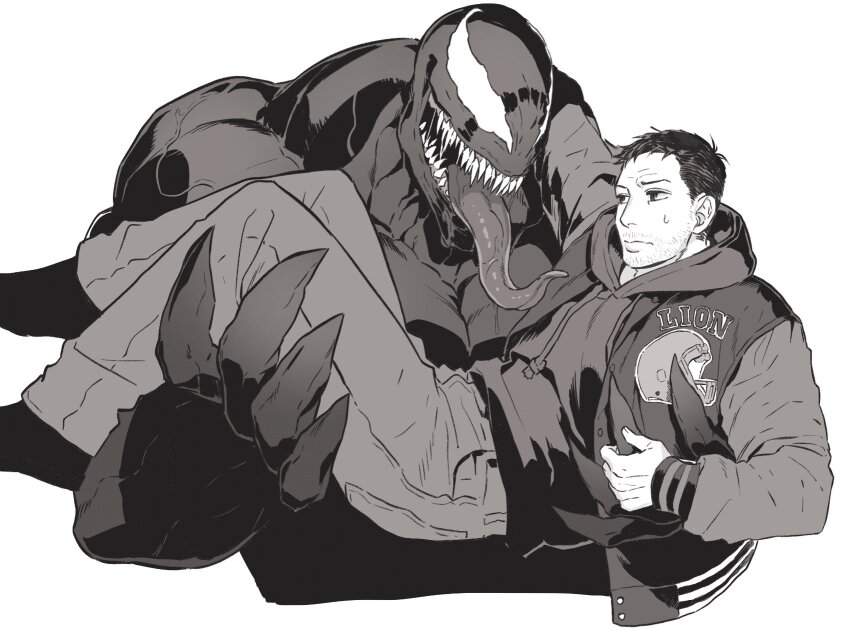 2boys, bara, beard, beard_stubble, blank_eyes, carrying, claws, closed_mouth, cropped_torso, drawstring, eddie_brock, facial_hair, fingernails, full_body, goatee_stubble, greyscale, highres, homil_21, hood, hood_down, hoodie, interspecies, jacket, large_pectorals, letterman_jacket, long_tongue, looking_at_another, male_focus, marvel, mature_male, monochrome, monster_boy, multiple_boys, muscular, muscular_male, mustache_stubble, open_clothes, open_jacket, open_mouth, pants, pectorals, pocket, princess_carry, saliva, sharp_fingernails, sharp_teeth, short_hair, sideburns_stubble, spider-man_(series), stubble, sweatdrop, symbiote, teeth, tongue, tongue_out, trapezius, undercut, veins, veiny_arms, venom_(marvel), yaoi