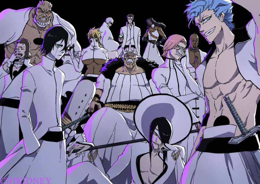 1girl, 6+boys, aaroniero_arruruerie, abs, absurdres, adjusting_eyewear, aizen_sousuke, arrancar