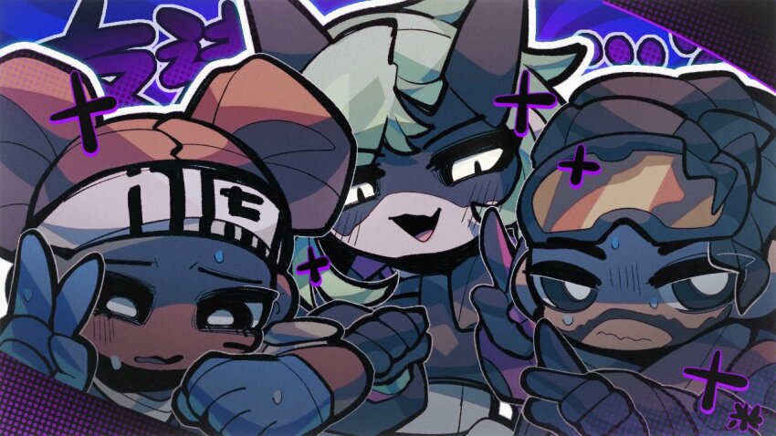 1boy, 2girls, alter_(apex_legends), animification, apex_legends, black_eyes, black_gloves, blue_gloves