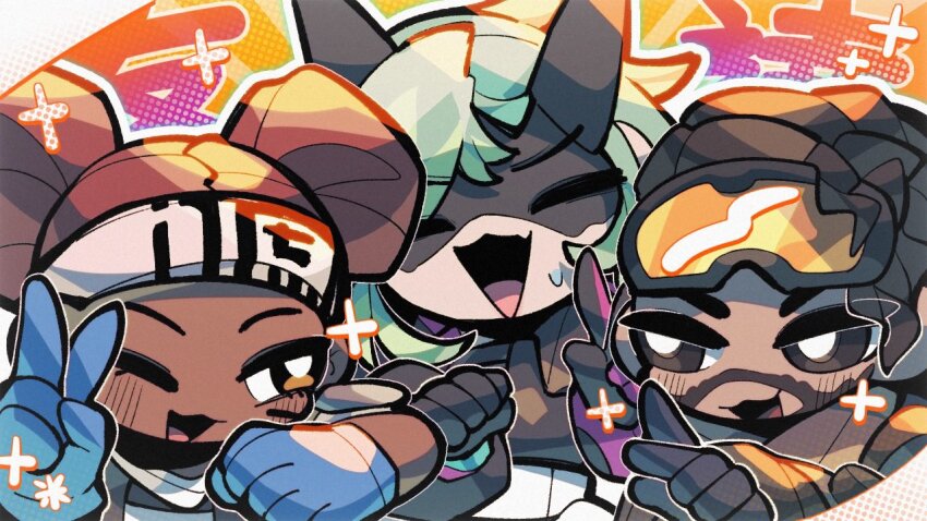 1boy, 2girls, ^_^, alter_(apex_legends), animification, apex_legends, black_eyes, black_gloves