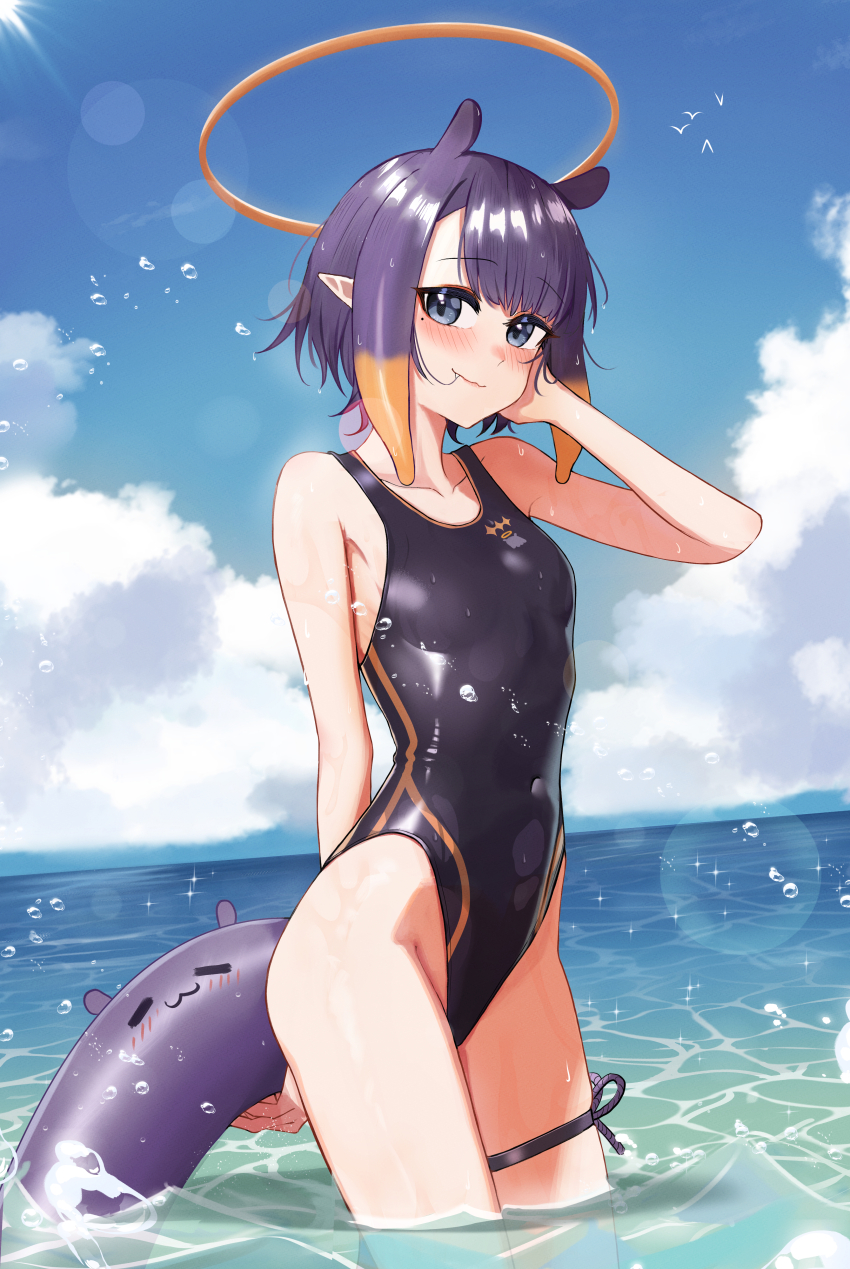 1girl, absurdres, alternate_costume, alternate_hairstyle, arm_behind_back, blue_eyes, blue_sky, blush, breasts, chrispy_tuna, cloud, commentary, covered_navel, day, english_commentary, fang, gradient_hair, halo, hand_on_own_face, hand_up, highleg, highleg_one-piece_swimsuit, highres, holding, holding_swim_ring, hololive, hololive_english, innertube, looking_at_viewer, mole, mole_under_eye, multicolored_hair, ninomae_ina'nis, ocean, one-piece_swimsuit, orange_hair, outdoors, pointy_ears, purple_hair, purple_one-piece_swimsuit, short_hair, sky, small_breasts, smile, solo, standing, swim_ring, swimsuit, takodachi_(ninomae_ina'nis), tentacle_hair, thigh_strap, virtual_youtuber, wading, wet