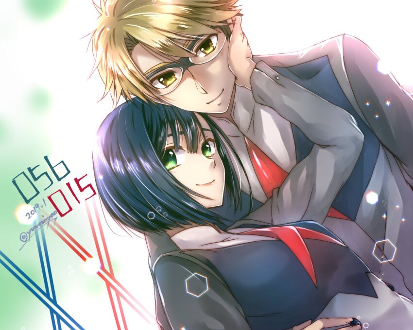 1boy, 1girl, arm_around_another's_waist, arm_at_side, artist_name, ascot, black_dress, black_jacket