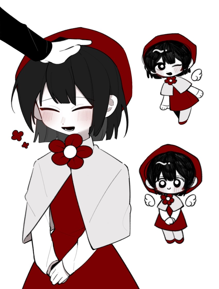 1boy, 1girl, blush, capelet, chibi, chinese_commentary, closed_mouth, commentary_request, dress, hair_between_eyes, happy_aura, hat, headpat, highres, huai_huizhi, huai_yunqing, long_sleeves, minriyeah, one_eye_closed, open_mouth, out_of_frame, own_hands_together, pantyhose, red_dress, red_hat, red_shoes, shirt, shoes, short_hair, simple_background, smile, touqi_guaitan, white_background, white_capelet, white_pantyhose, white_shirt