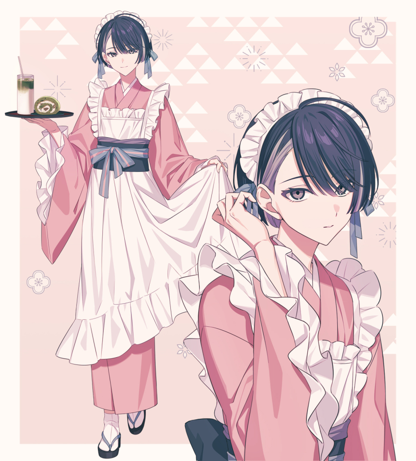 18trip, 1boy, apron, back_bow, black_bow, black_hair, blue_ribbon, border, bow, check_food, closed_mouth, commentary, crossdressing, crossdressing_(mtf), dress, drink, drinking_straw, eyelashes, floral_background, food, food_request, frilled_apron, frilled_sleeves, frills, full_body, grey_eyes, hair_behind_ear, hair_ribbon, hand_up, hands_up, highres, holding, holding_plate, japanese_clothes, kaguya_muneuji, kimono, kn_(akairo0530), layered_clothes, lifting_own_clothes, looking_at_viewer, maid, maid_apron, maid_headdress, male_focus, male_maid, multicolored_hair, multicolored_ribbon, multiple_views, pink_dress, pink_kimono, plate, ribbon, sandals, shoes, smile, socks, sparkle, streaked_hair, trap, triangle_background, upper_body, wa_maid, white_border, white_socks, wide_sleeves