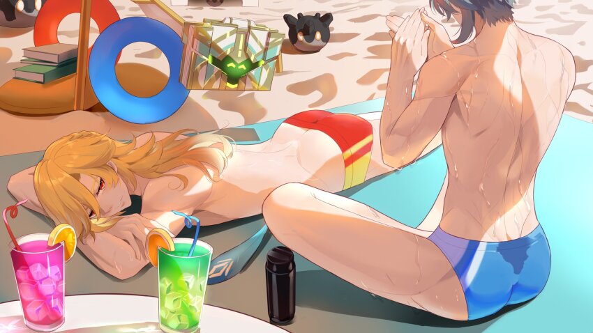 2boys, alhaitham_(genshin_impact), anjingxiang, ass, blonde_hair, blue_male_swimwear, drinking_straw, genshin_impact