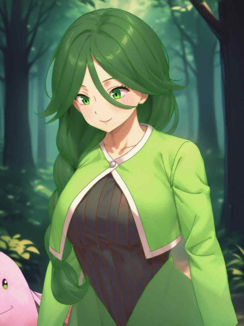 1girl, absurdres, blurry, blurry_background, braid, chansey, cheryl_(pokemon), closed_mouth