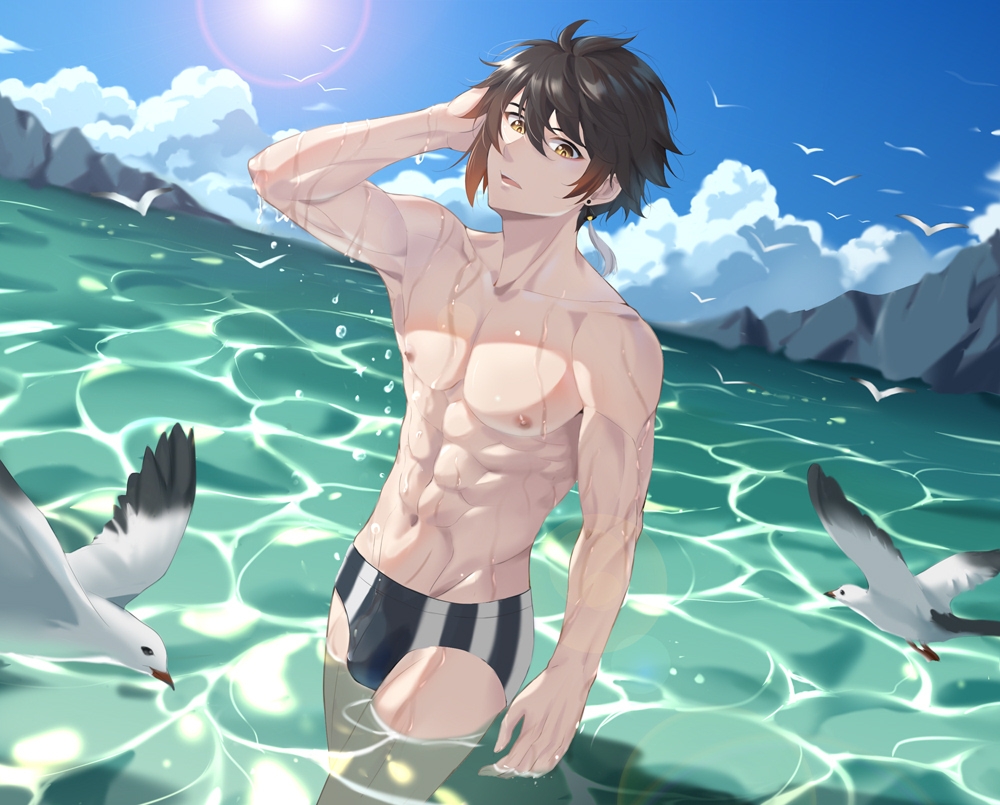 1boy, abs, anjingxiang, beach, bird, black_hair, black_male_swimwear, brown_hair