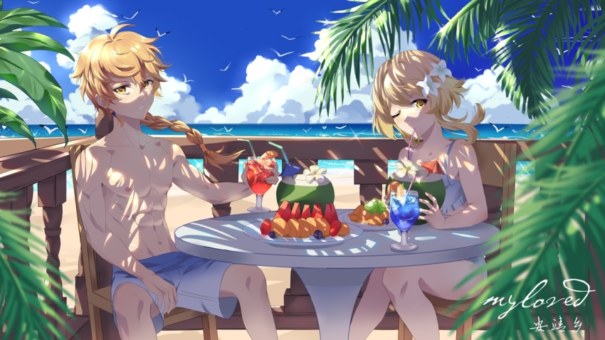 1boy, 1girl, abs, aether_(genshin_impact), anjingxiang, beach, blonde_hair, blue_male_swimwear