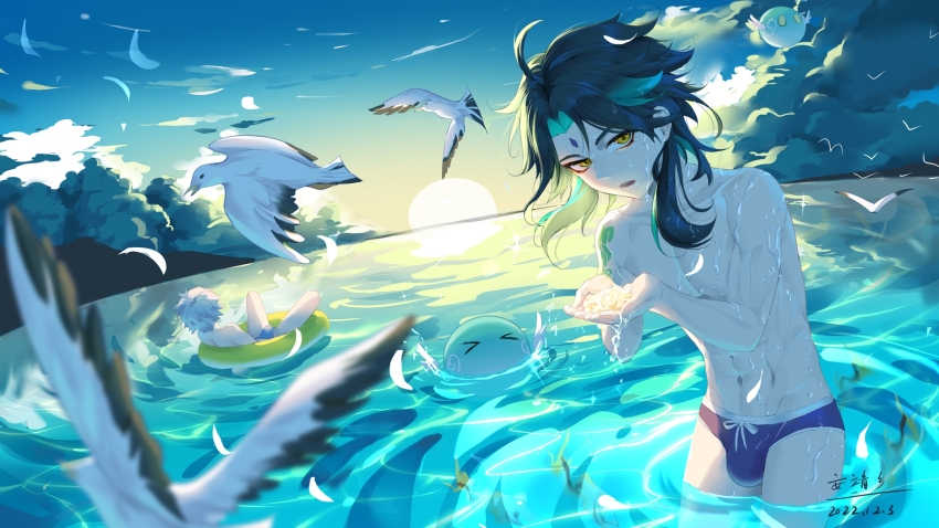 2boys, anjingxiang, aqua_hair, arm_tattoo, beach, bird, black_hair, blue_male_swimwear