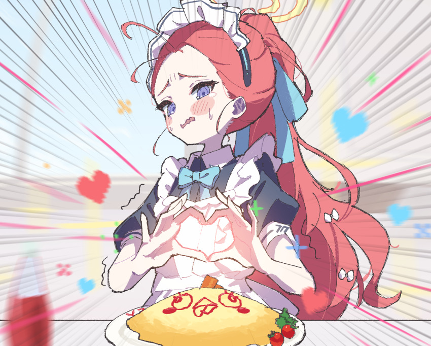 1girl, four-finger_heart_hands, blue_archive, blurry, blurry_background, blush, day, embarrassed, emphasis_lines, food, forehead, furrowed_brow, garryaoki, heart, heart_hands, highres, indoors, motion_blur, nervous_sweating, omelet, omurice, pixel_art_inset, ponytail, purple_hair, shaking, solo, sweat, upper_body, wavy_mouth, yuzu_(blue_archive), yuzu_(maid)_(blue_archive)