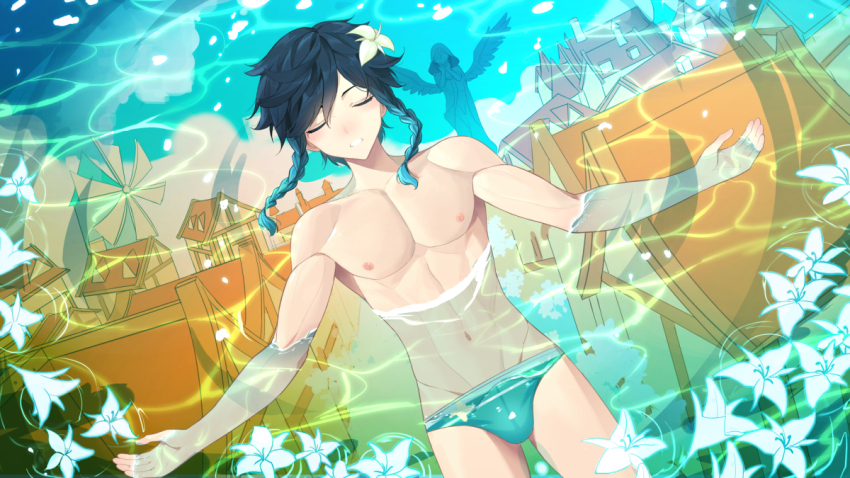 1boy, androgynous, anjingxiang, aqua_hair, aqua_male_swimwear, black_hair, blush, braid