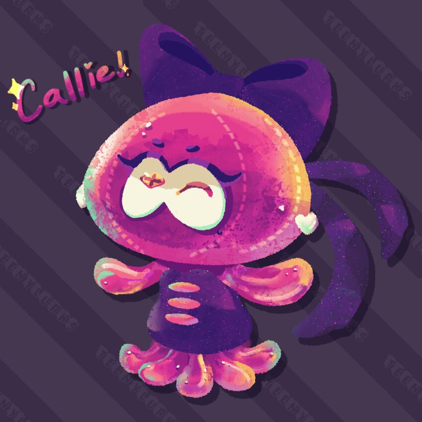 alternate_species, artist_name, bow, callie_(splatoon), character_name, colored_skin, dress, drop_shadow, full_body, grey_background, hair_bow, highres, jellyfish_(splatoon), nintendo, no_humans, no_lineart, official_style, one_eye_closed, pink_skin, short_dress, splatoon_(series), teenylurks