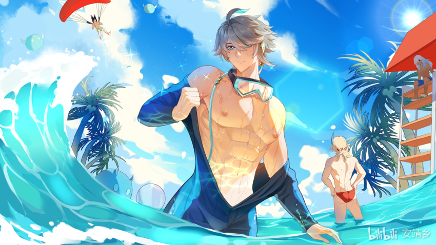 4boys, abs, alhaitham_(genshin_impact), anjingxiang, aqua_eyes, black_bodysuit, blonde_hair, bodysuit