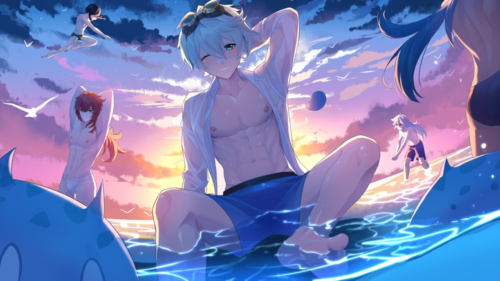 4boys, abs, anjingxiang, ass, bandaid, bandaid_on_face, bandaid_on_nose, barefoot, bennett_(genshin_impact), blue_hair, blue_male_swimwear, blush, bulge, dark-skinned_male, dark_skin, diluc_(genshin_impact), feet, genshin_impact, goggles, goggles_on_head, green_eyes, grey_hair, hair_between_eyes, hydro_slime_(genshin_impact), kaeya_(genshin_impact), male_focus, male_swimwear, multiple_boys, muscular, muscular_male, one_eye_closed, razor_(genshin_impact), red_hair, slime_(genshin_impact), teeth, toes, topless_male, venti_(genshin_impact), white_hair