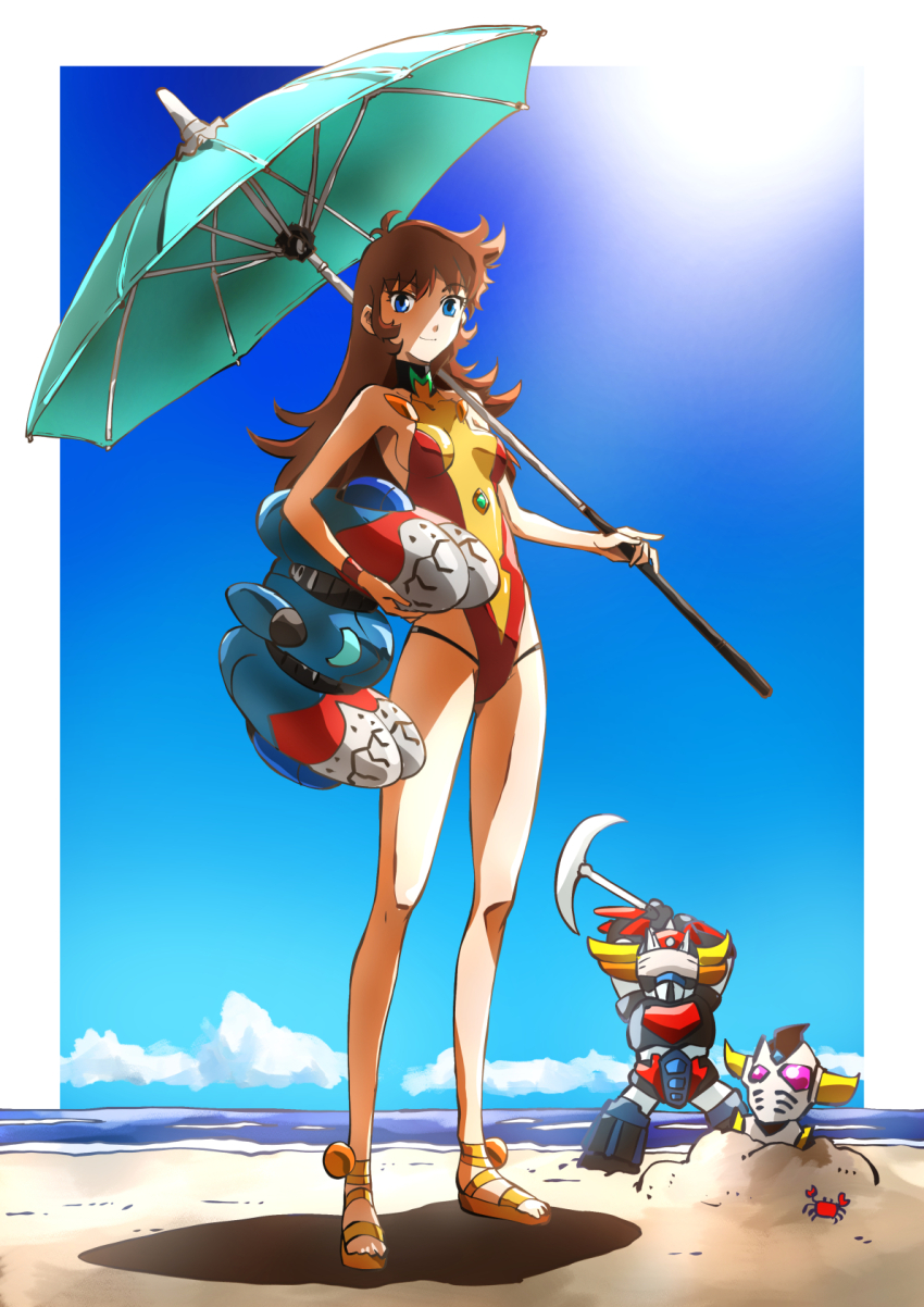 1girl, beach, beach_umbrella, blue_eyes, blue_sky, breasts, brown_hair, cloud, day, grendizer, grendizer_(grendizer_u), grendizer_u, highres, holding, holding_weapon, horns, long_hair, looking_at_viewer, maria_grace_fleed, mazinger_(series), mecha, ocean, one-piece_swimsuit, outdoors, robot, sand, sky, smile, super_robot, swimsuit, taiga_hiroyuki, ufo_robo_grendizer, umbrella, water, weapon