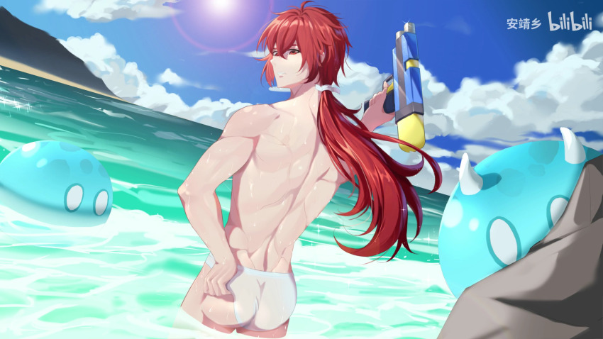 1boy, anjingxiang, ass, back, diluc_(genshin_impact), genshin_impact, hair_between_eyes, highres