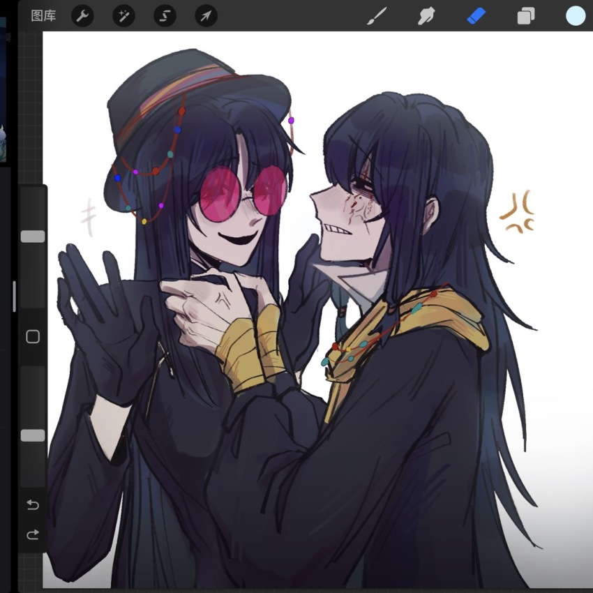 +++, 2boys, angry, art_program_in_frame, beads, black_gloves, black_hair, black_hat