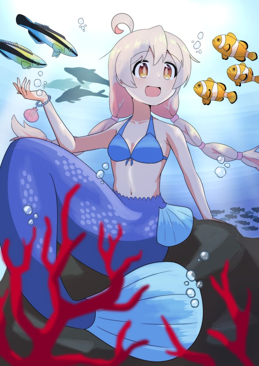 :d, ahoge, armband, bikini, bikini_top_only, bracelet, brown_eyes, bubble, clownfish, dolphin, fish, gekogekobuhihi, genderswap, genderswap_(mtf), hair_between_eyes, highres, jewelry, mermaid, monster_girl, monsterification, navel, onii-chan_wa_oshimai!, open_mouth, oyama_mahiro, pearl_bracelet, seashell, shell, smile, swimsuit, underwater